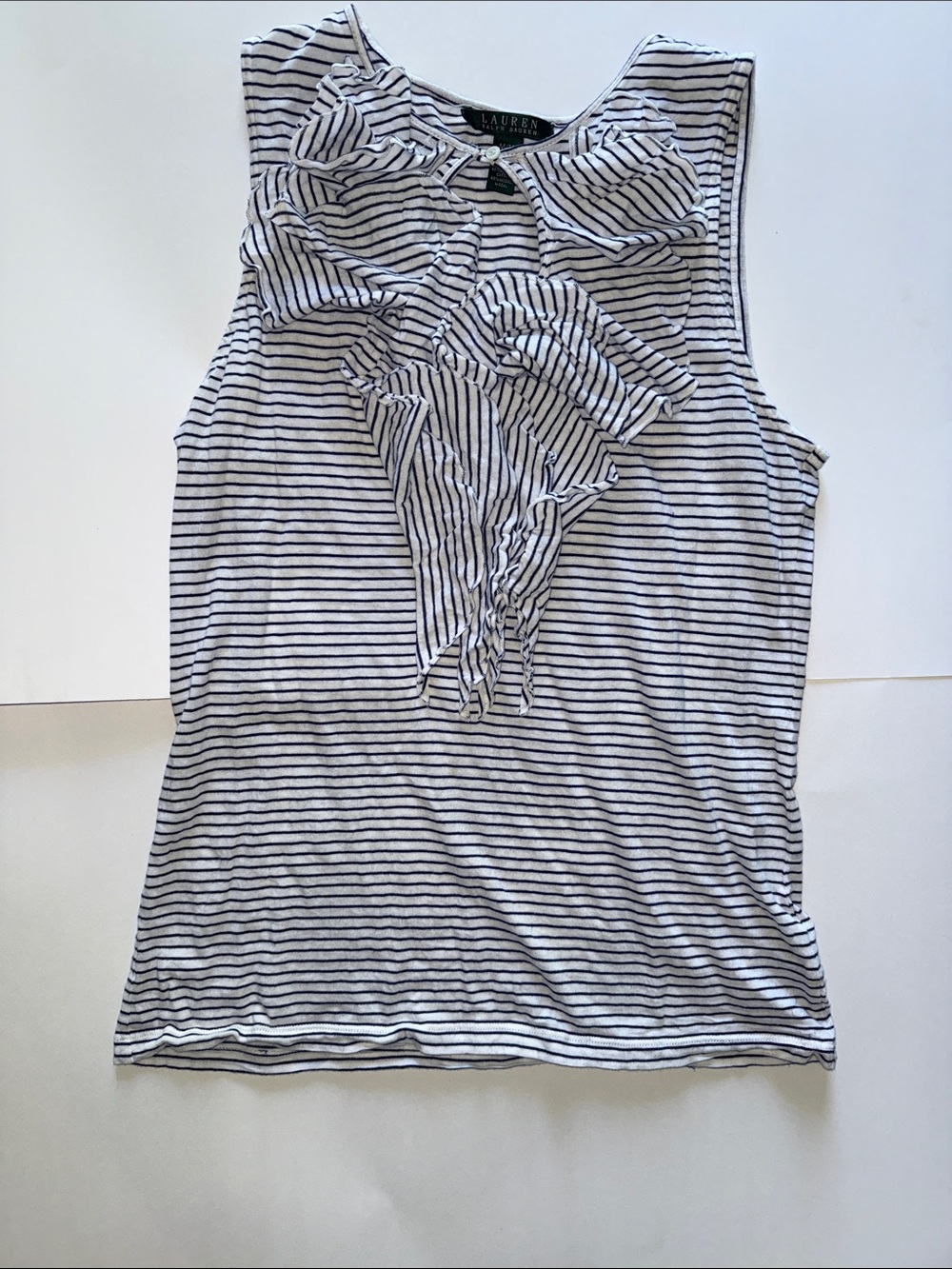 LAUREN Ralph Lauren Navy & White Striped Ruffle Tank